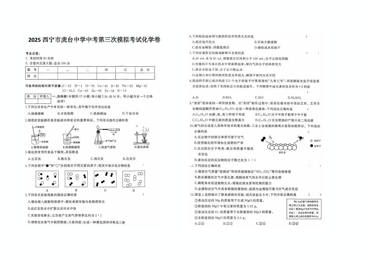 2025年青海省西宁市虎台中学中考第三次模拟考试化学试卷（中考模拟）第1页