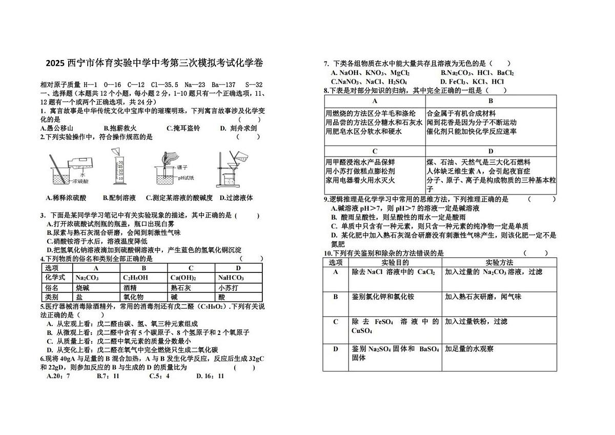 2025年青海省西宁市体育实验中学中考第三次模拟考试化学试卷（中考模拟）第1页