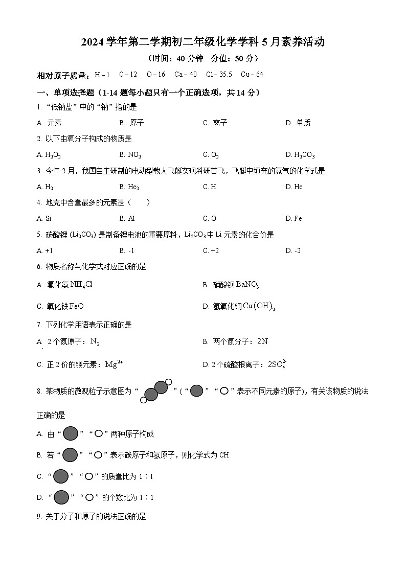 上海市同济大学附属新江湾城实验学校2024--2025学年八年级下学期5月月考化学试题第1页