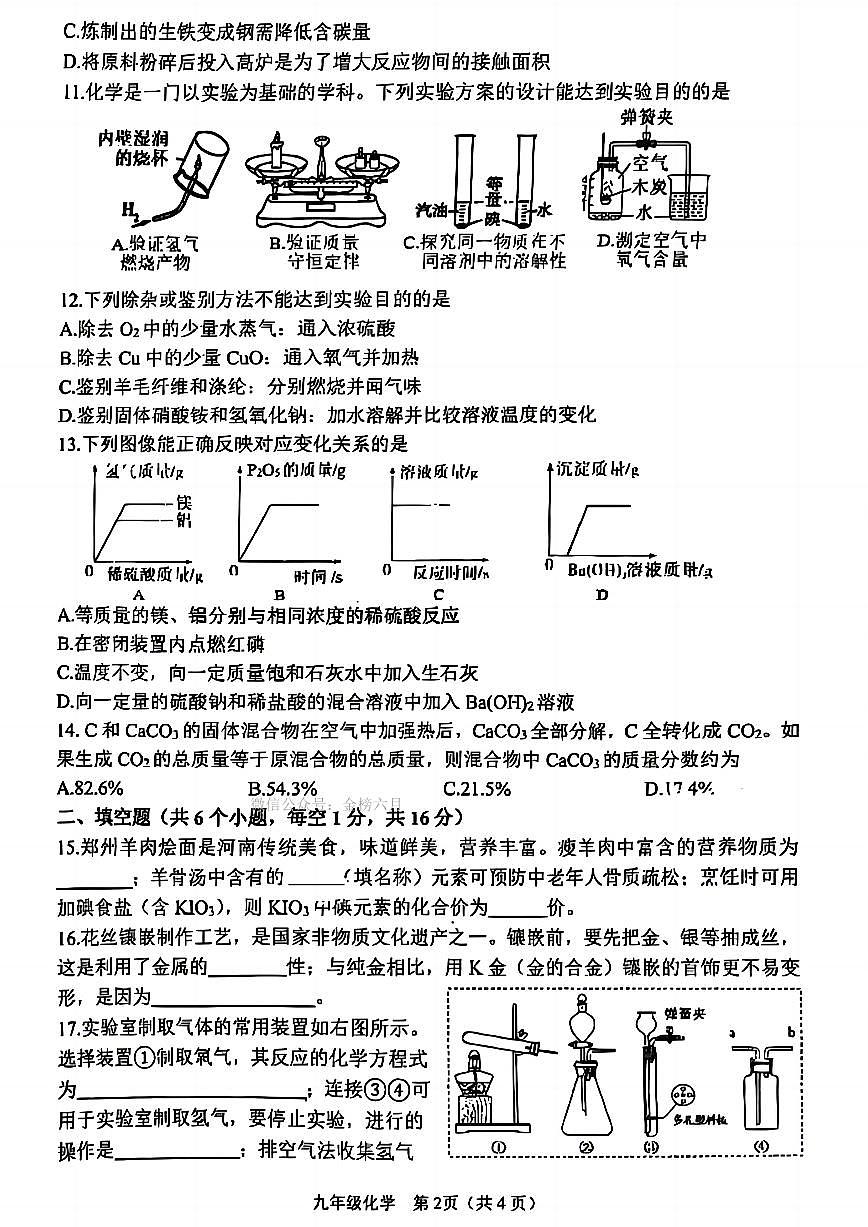 河南省实验中学2025学年中考四模 化学试题第2页