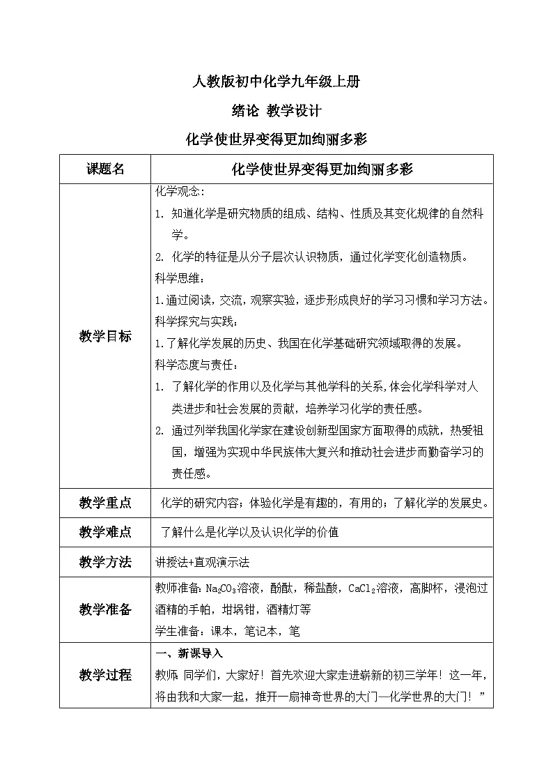 绪论 化学使世界变得更加绚丽多彩 教学设计第1页