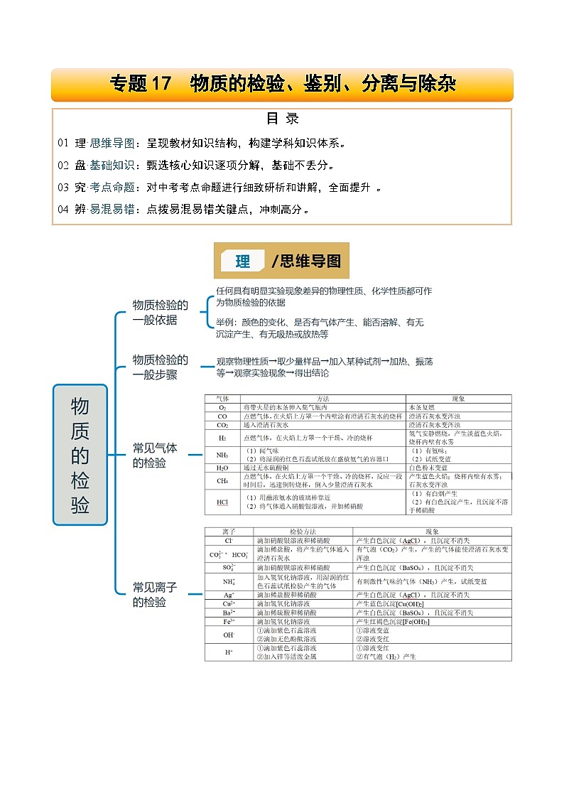 专题17 物质的检验、鉴别、分离与除杂（解析版）第1页