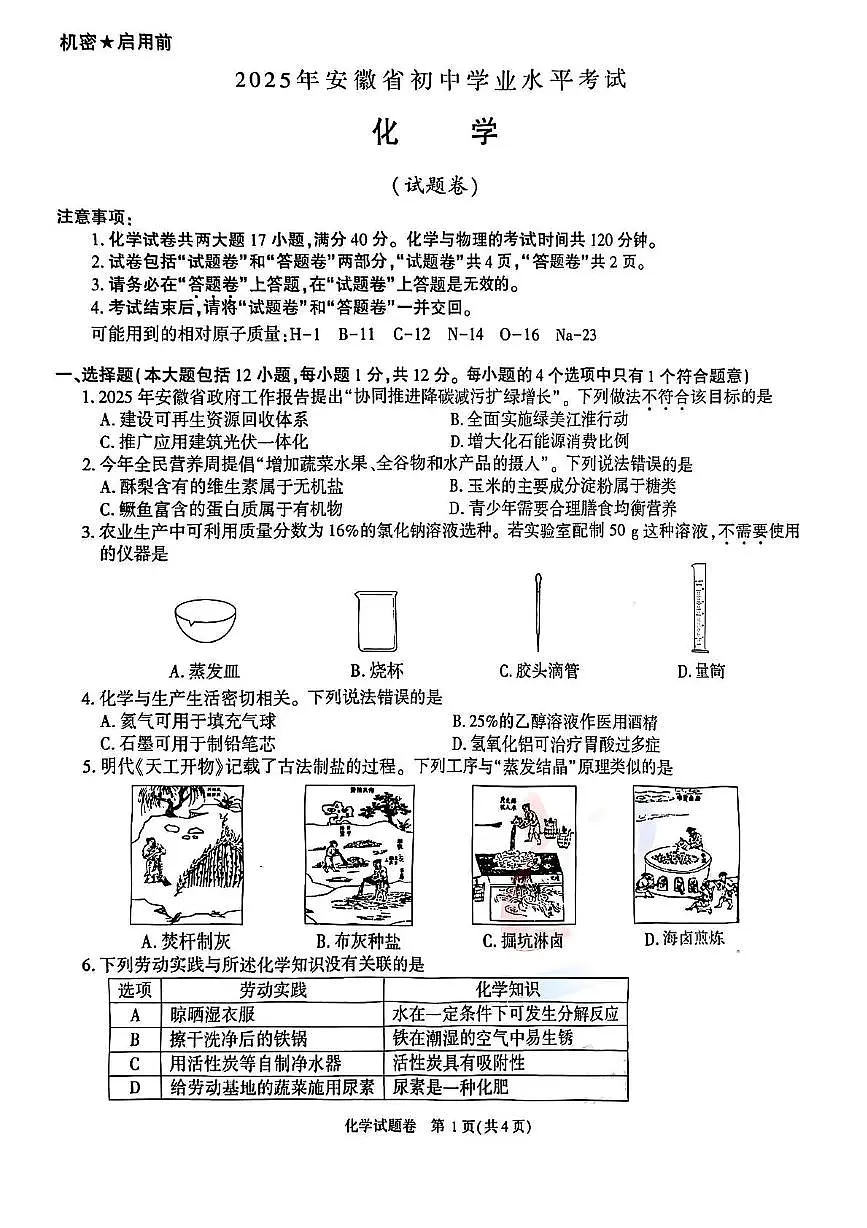 2025安徽省中考化学真题（中考模拟）第1页