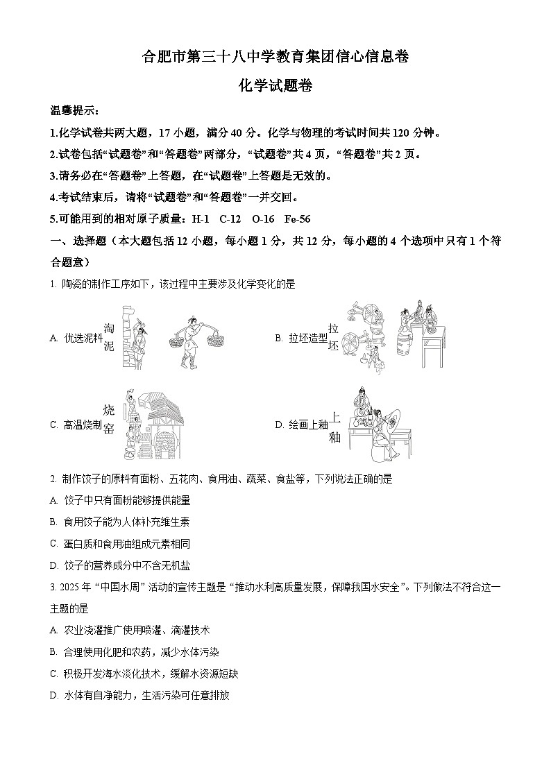 2025年安徽省合肥市第三十八中学教育集团中考模拟考试化学最后一卷（中考模拟）第1页
