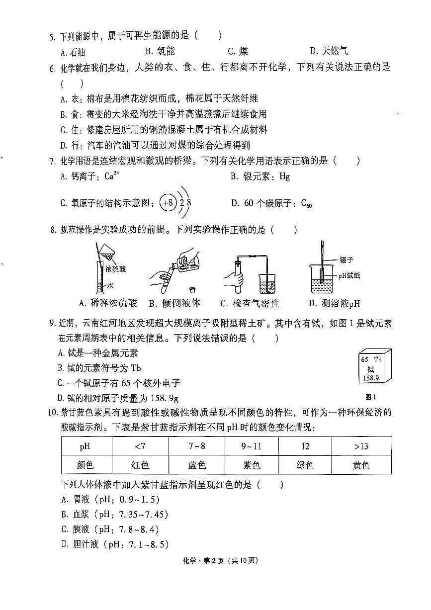 云南省保山市、怒江州2025年初中学业水平模拟考试九年级化学试卷（无答案）第2页