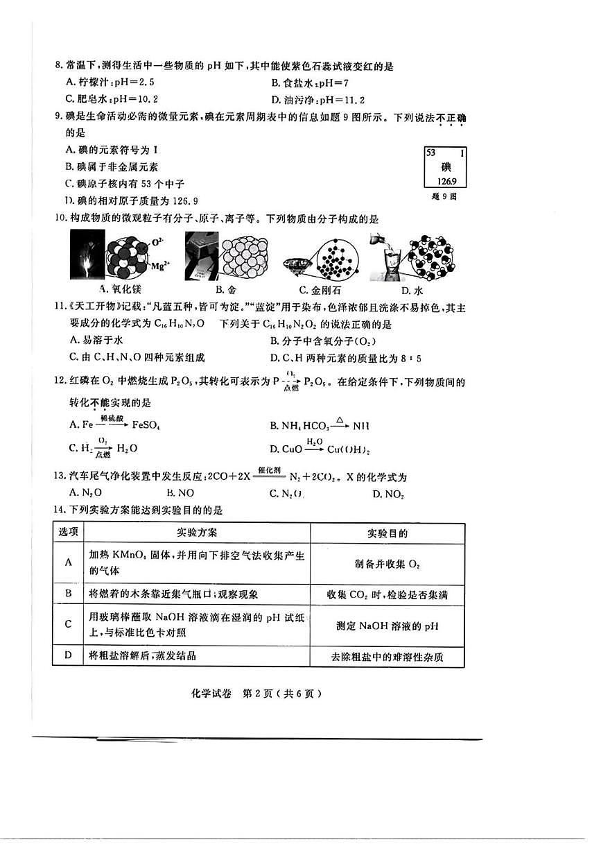江苏省扬州市2025年初中学业水平考试化学试卷（无答案）第2页