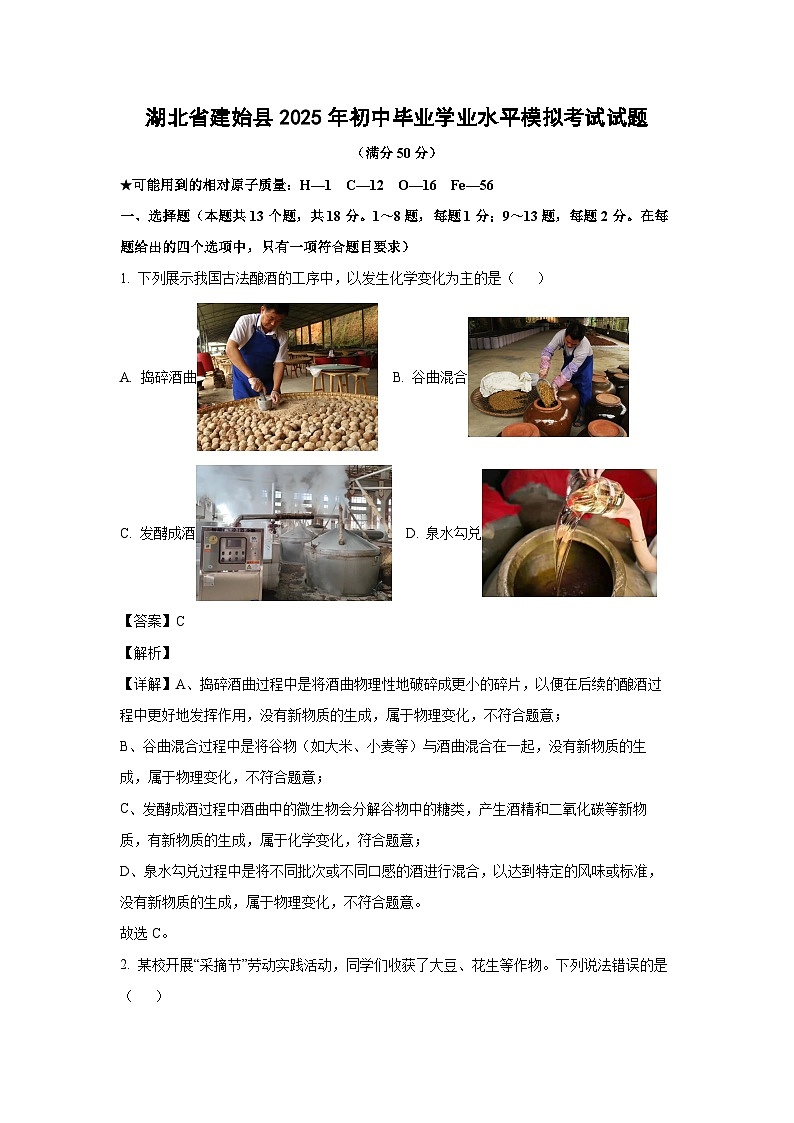 湖北省建始县2025年初中毕业学业水平模拟考试化学试卷（解析版）第1页