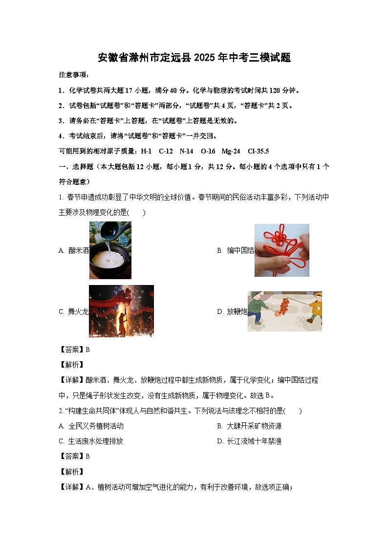 安徽省滁州市定远县2025年中考三模化学试卷（解析版）第1页
