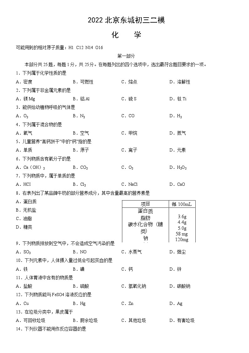 2022北京东城初三二模化学试卷（含答案）第1页