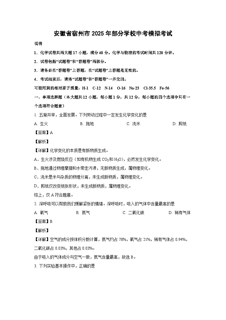 安徽省宿州市2025年部分学校中考模拟考试化学试卷（解析版）第1页