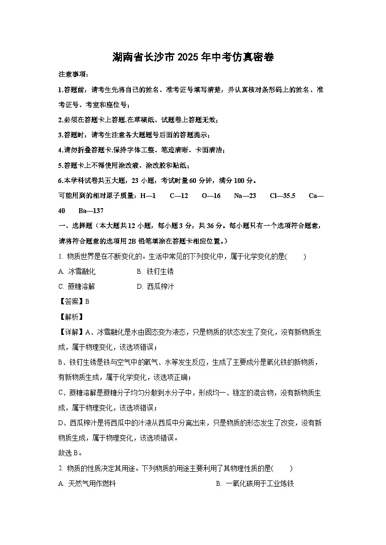 湖南省长沙市2025年中考仿真密卷化学试卷（解析版）第1页