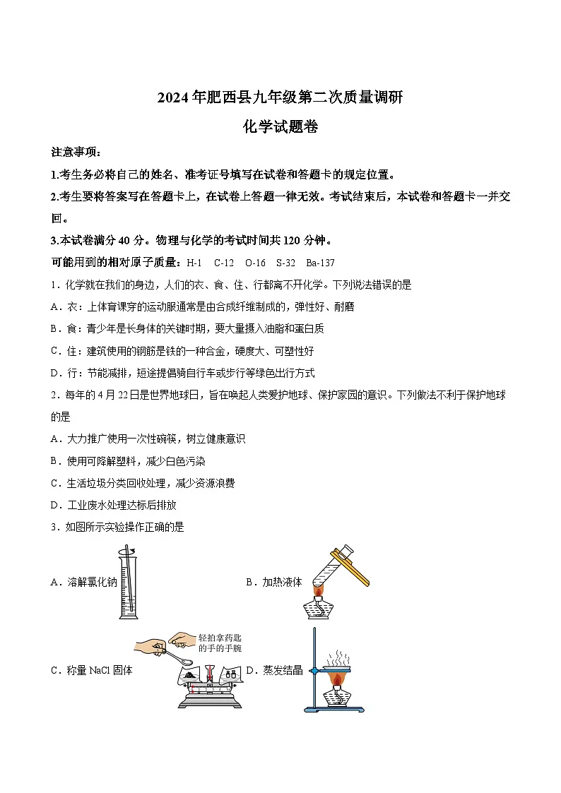 【9化二模】2024年安徽省合肥市肥西县中考二模化学试题第1页