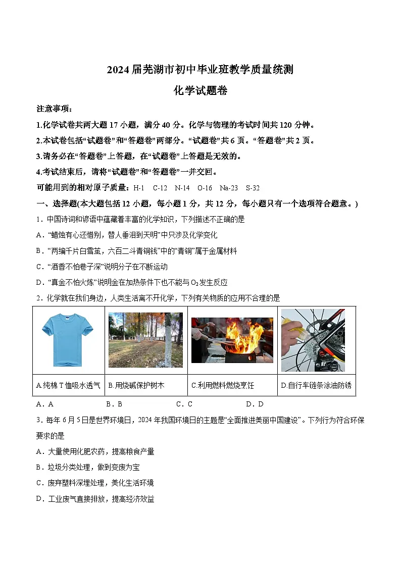 【9化二模】2024年安徽省芜湖市中考二模考试化学试题第1页