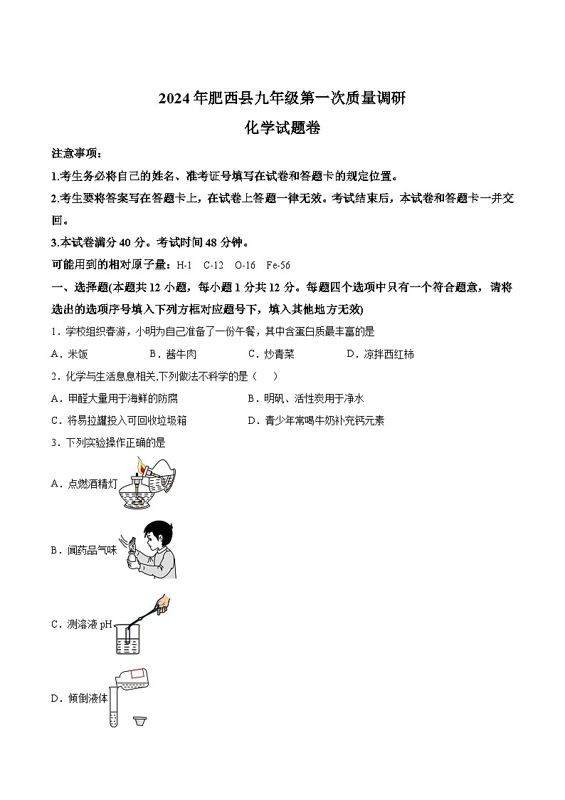 【9化一模】2024年安徽省肥西县中考一模化学试卷第1页