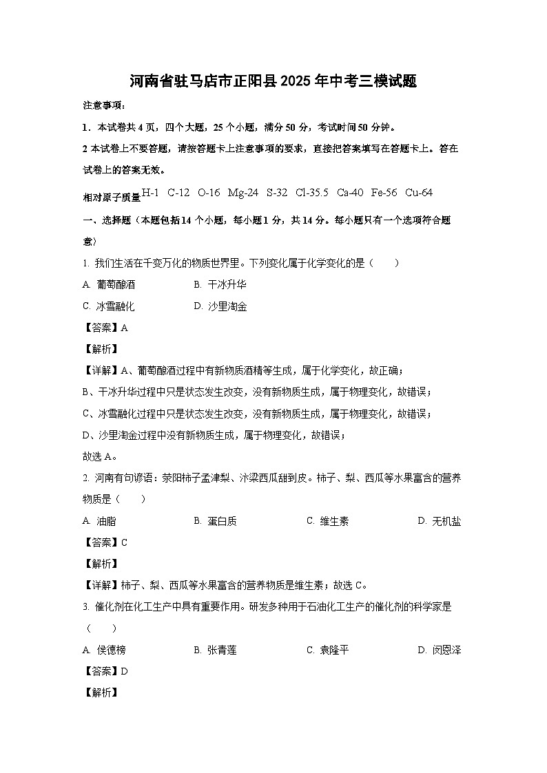 河南省驻马店市正阳县2025年中考三模化学试卷（解析版）第1页