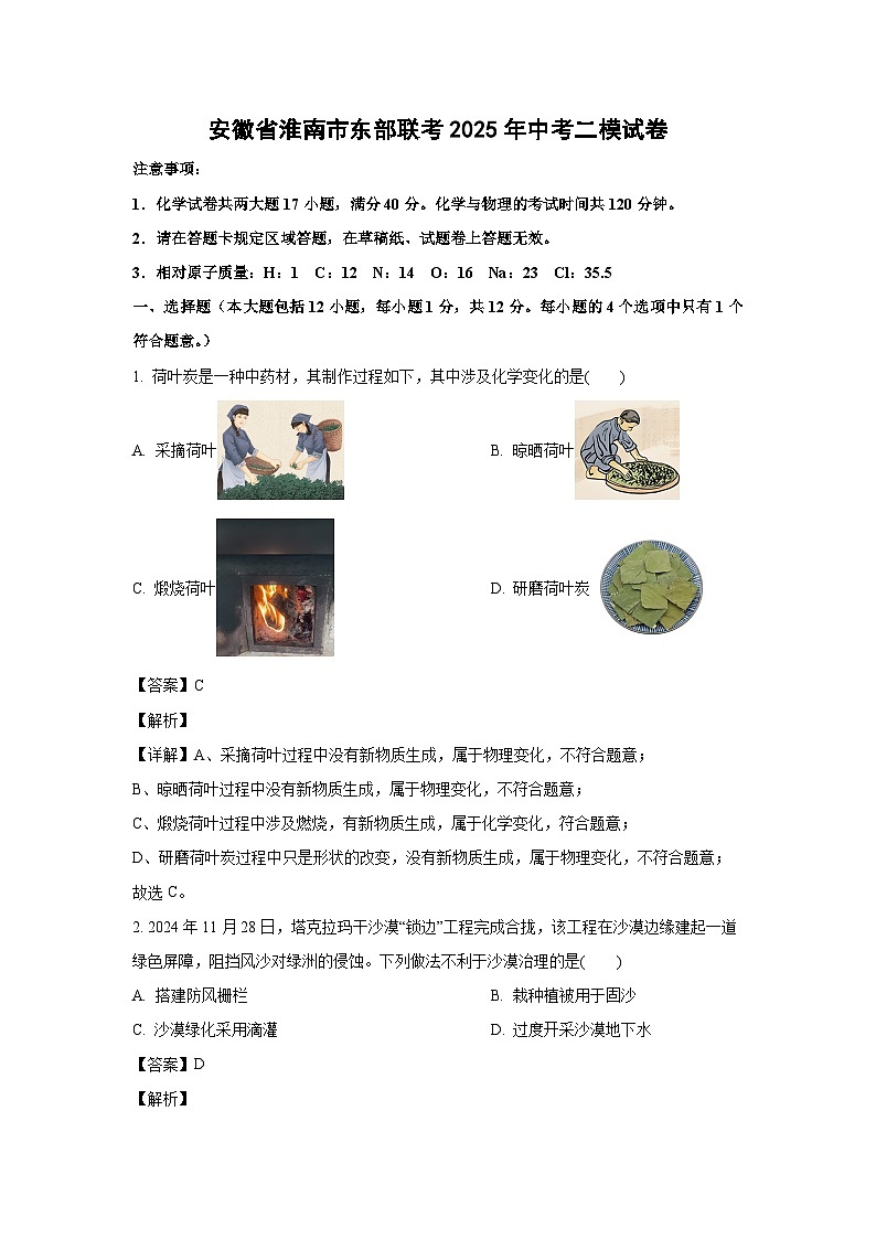 安徽省淮南市东部联考2025年中考二模 化学试卷（解析版）第1页
