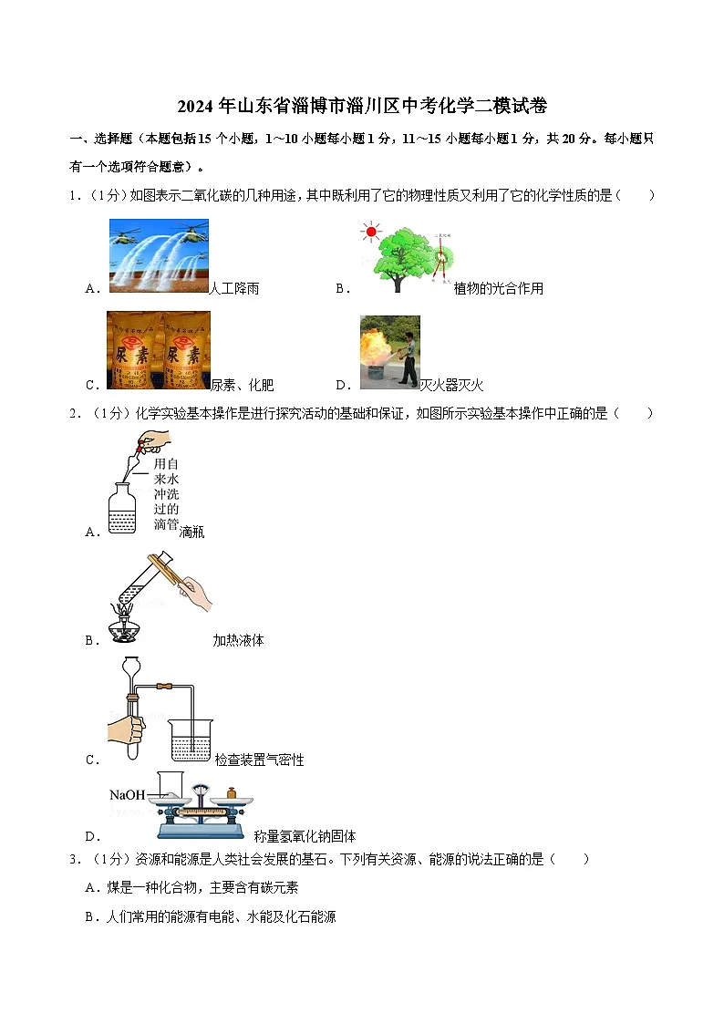 2024年山东省淄博市淄川区中考化学二模试卷（含解析）第1页