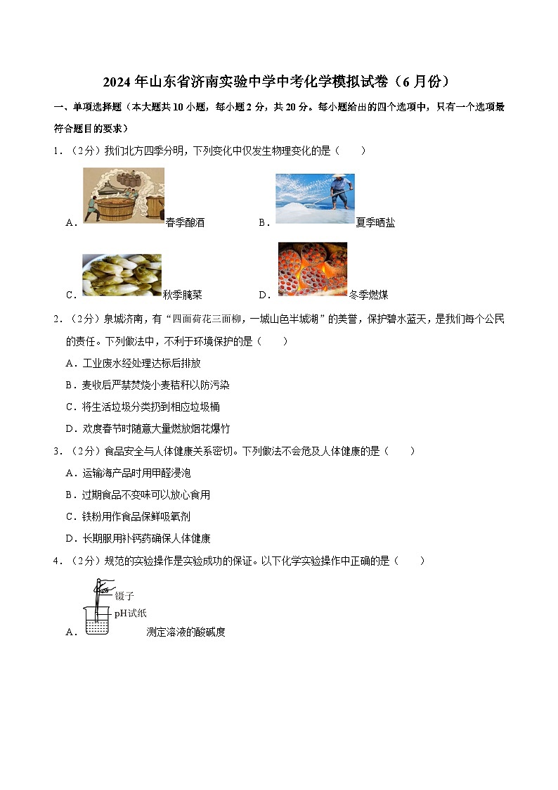 2024年山东省济南实验中学中考化学模拟试卷（6月份）（含解析）第1页