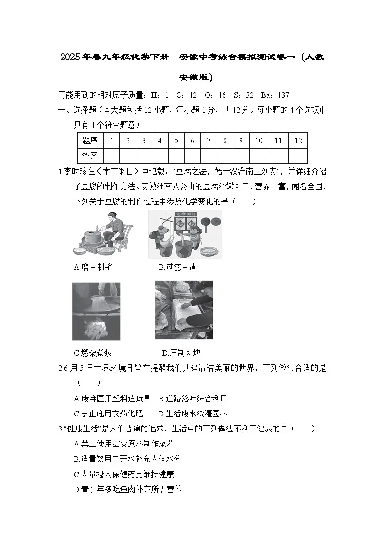2025年春九年级化学下册 安徽中考综合模拟测试卷一（人教安徽版）第1页