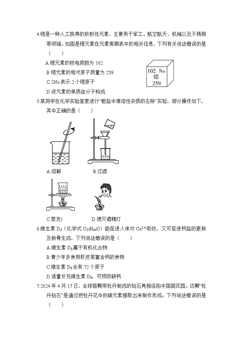 2025年春九年级化学下册 安徽中考综合模拟测试卷一（人教安徽版）第2页