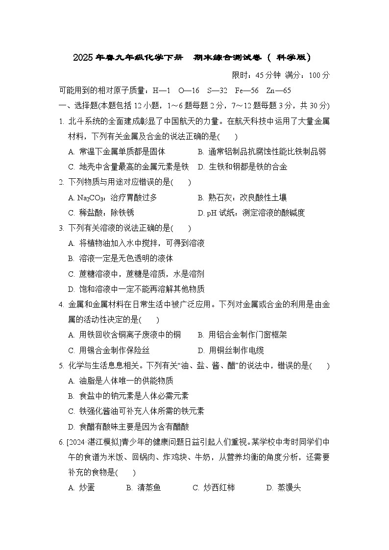 2025年春九年级化学下册  期末综合测试卷（ 科学版）第1页