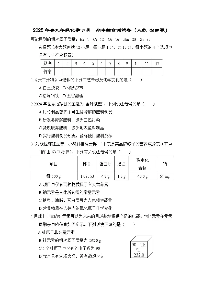 2025年春九年级化学下册 期末综合测试卷（人教 安徽版）第1页