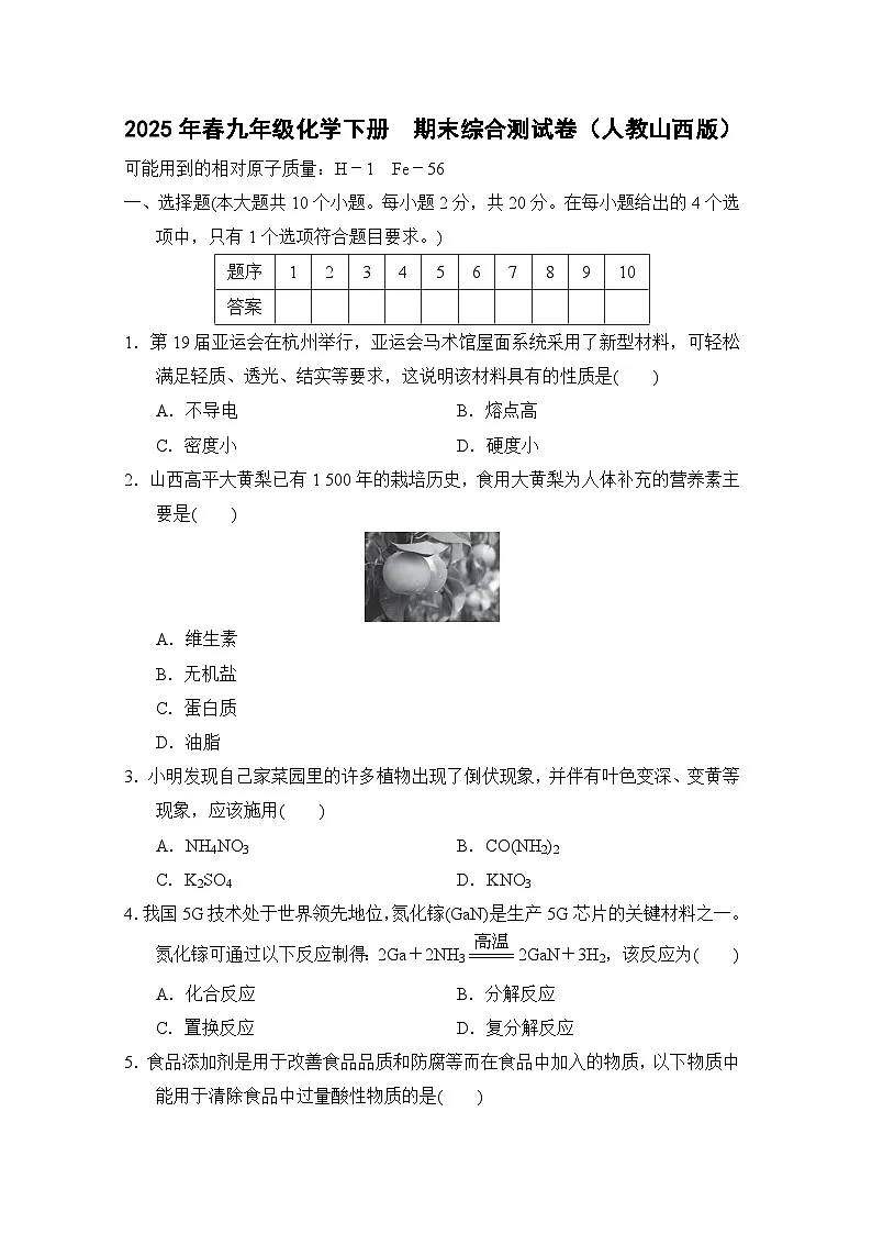 2025年春九年级化学下册 期末综合测试卷（人教山西版）第1页