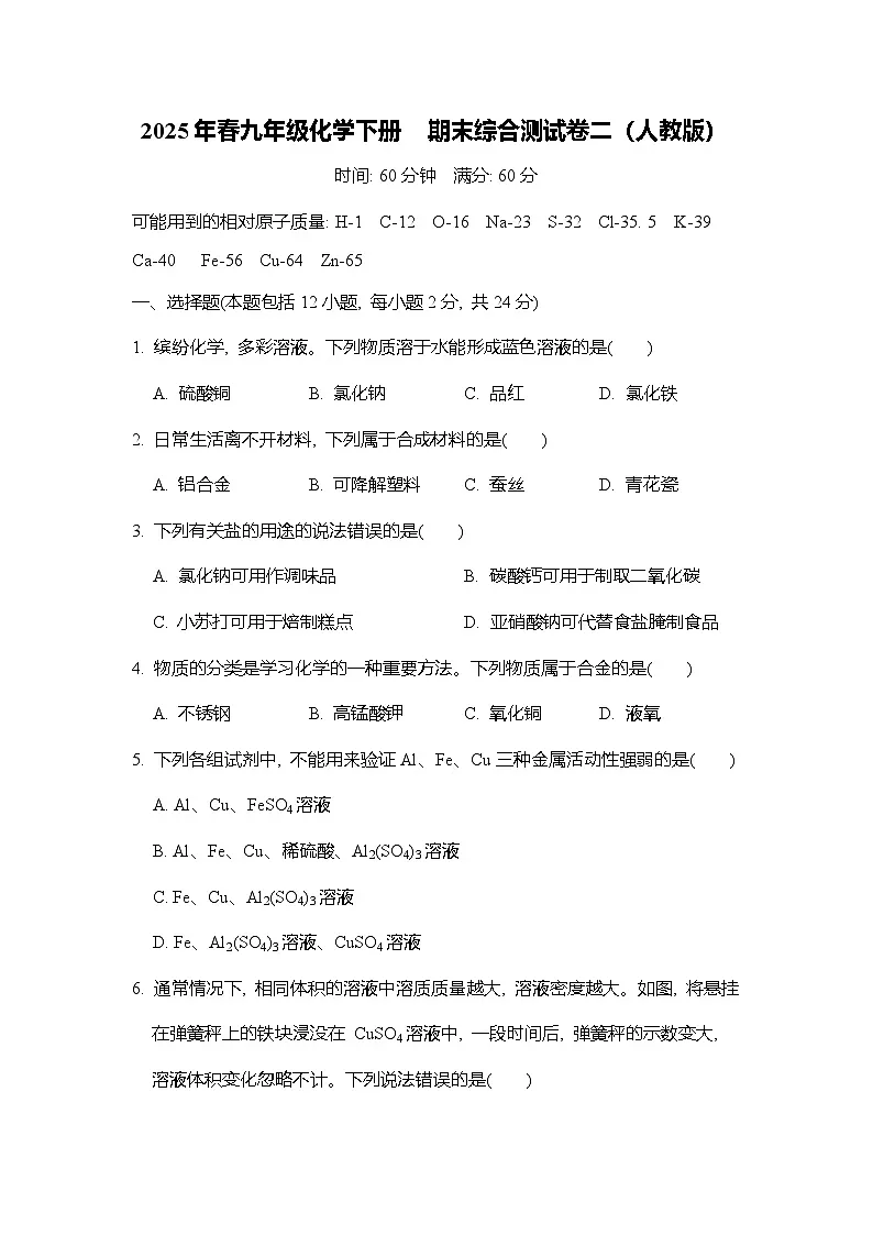 2025年春九年级化学下册 期末综合测试卷二（人教版）第1页