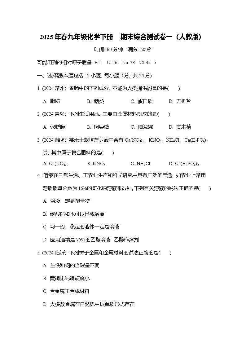 2025年春九年级化学下册 期末综合测试卷一（人教版）第1页