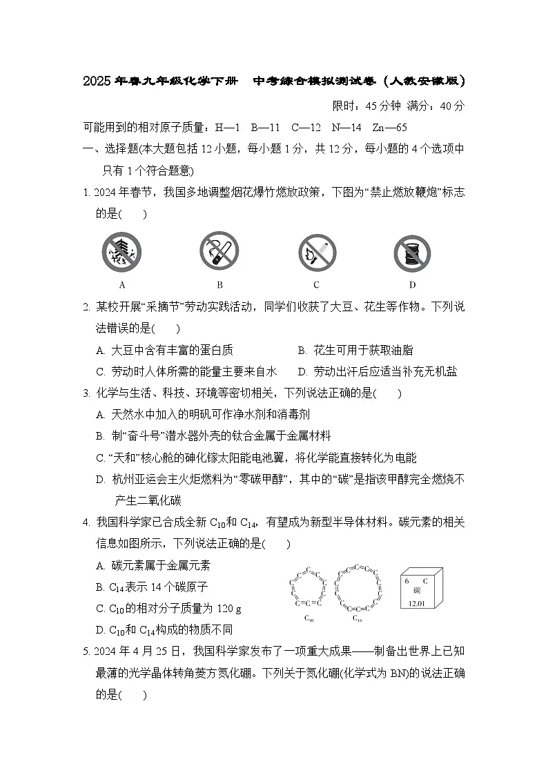2025年春九年级化学下册 中考综合模拟测试卷（人教安徽版）第1页