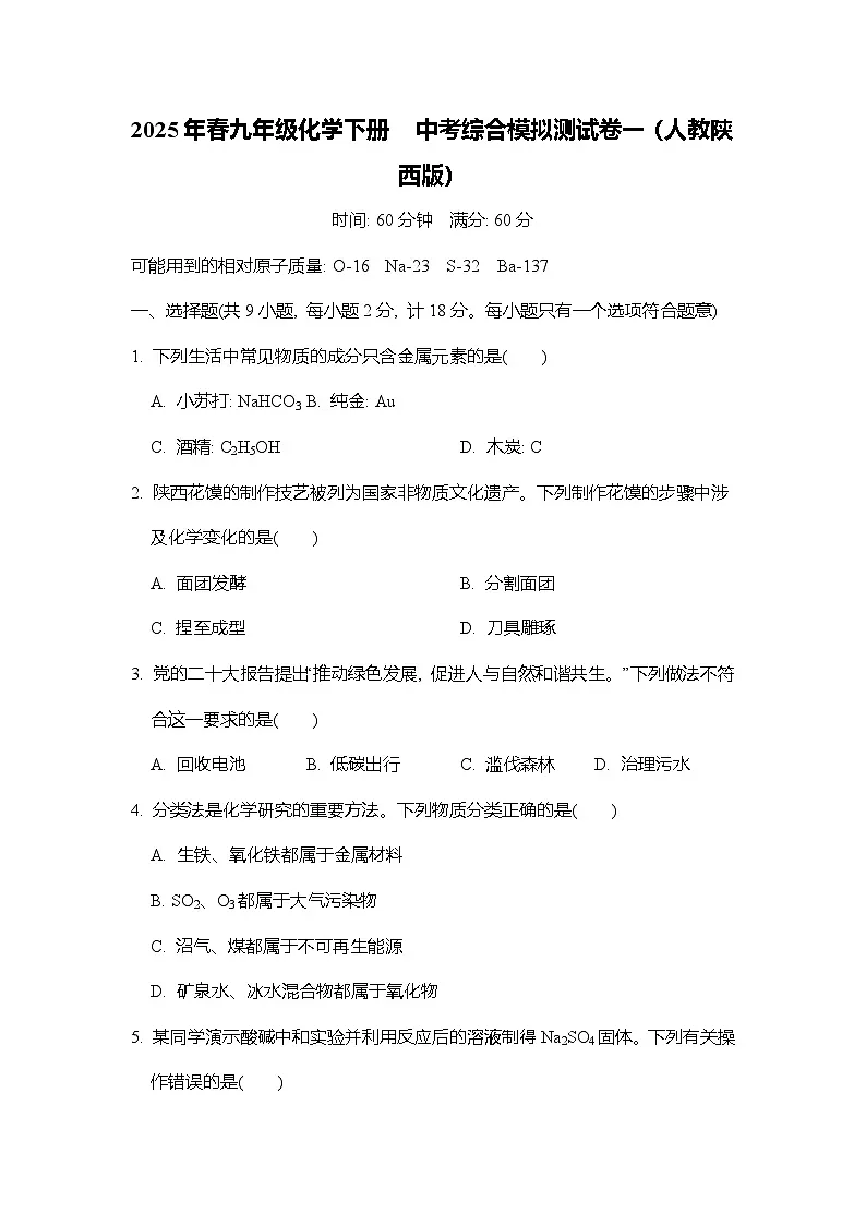 2025年春九年级化学下册 中考综合模拟测试卷一（人教陕西版）第1页
