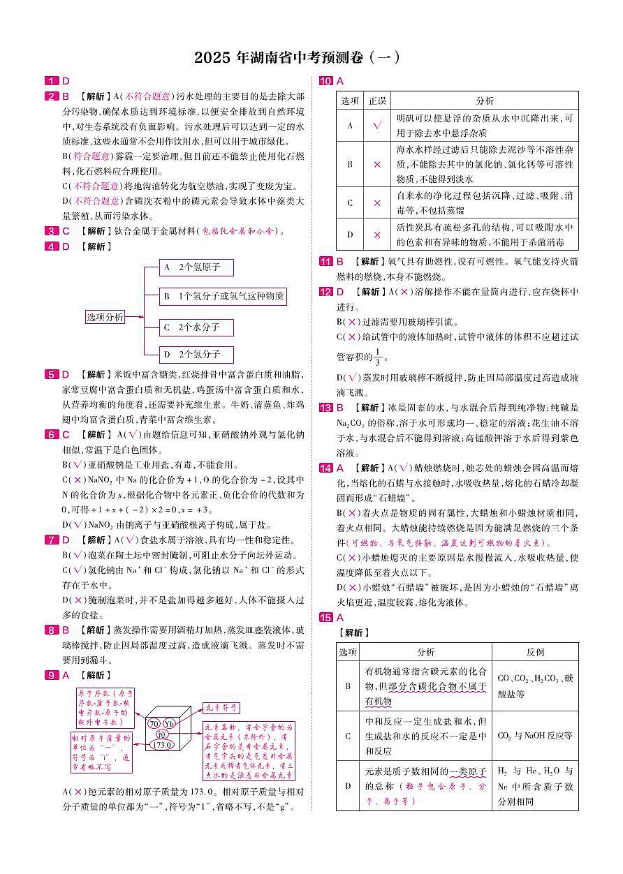 2025年湖南中考化学预测卷01参考答案第1页