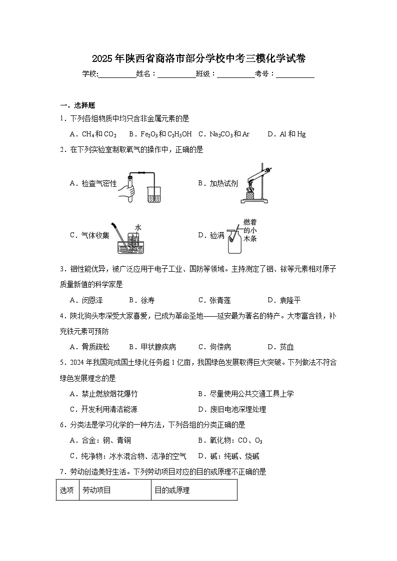 2025年陕西省商洛市部分学校中考三模化学试卷（无答案）第1页