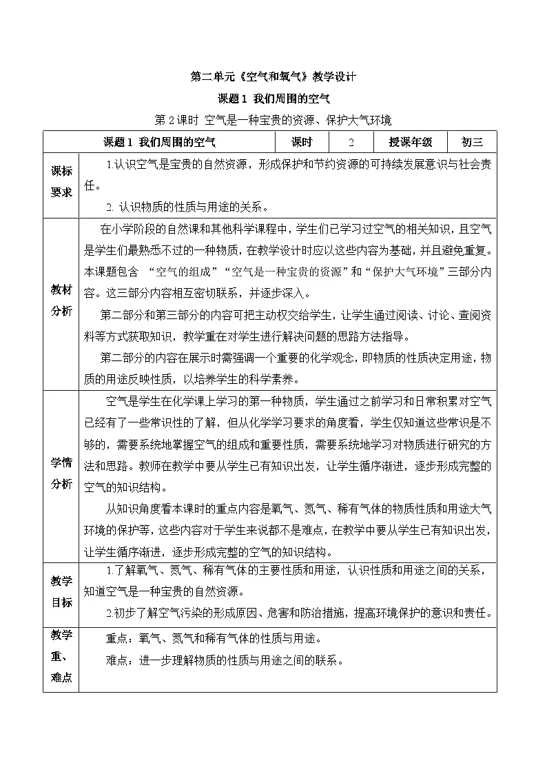 人教版（2024）化学九上 第二单元1.2《我们周围的空气》教学设计第1页