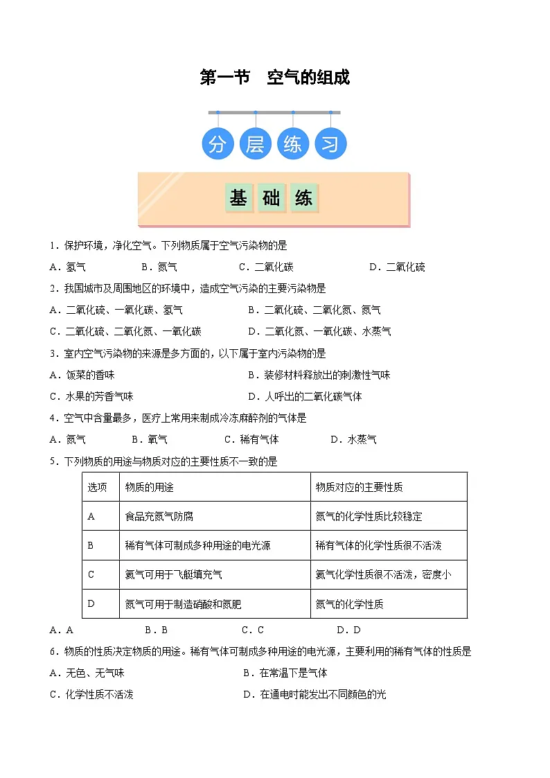 鲁教版（五四制）（2024）化学八年级全册 4.1《空气的组成》分层练习 （原卷）第1页