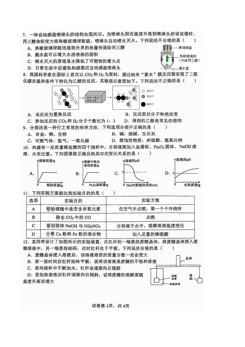 【9化一模】2025年安徽合肥市第四十五中学九年级中考一模化学试卷(含答案)第2页