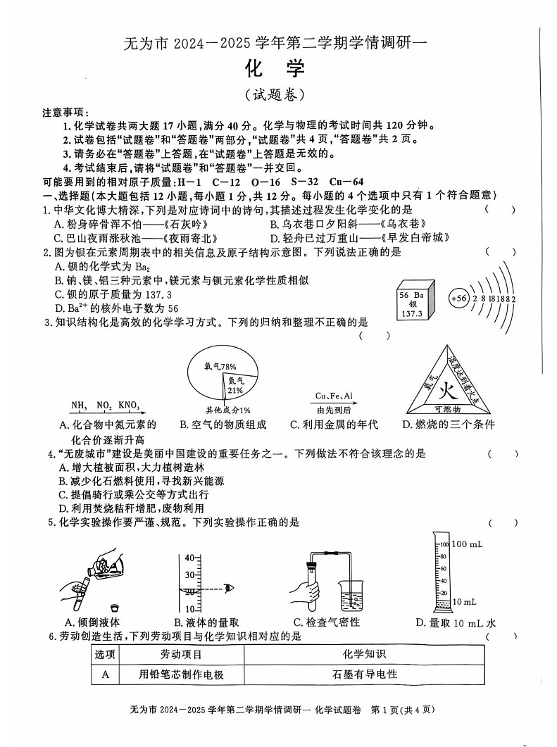【9化一模】2025年安徽省芜湖市无为市部分校中考一模化学试题第1页
