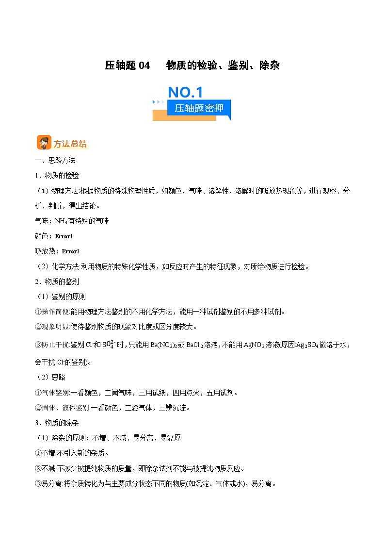人教版九年级化学中考压轴真题专题练习  压轴题04 物质的检验、鉴别、除杂第1页