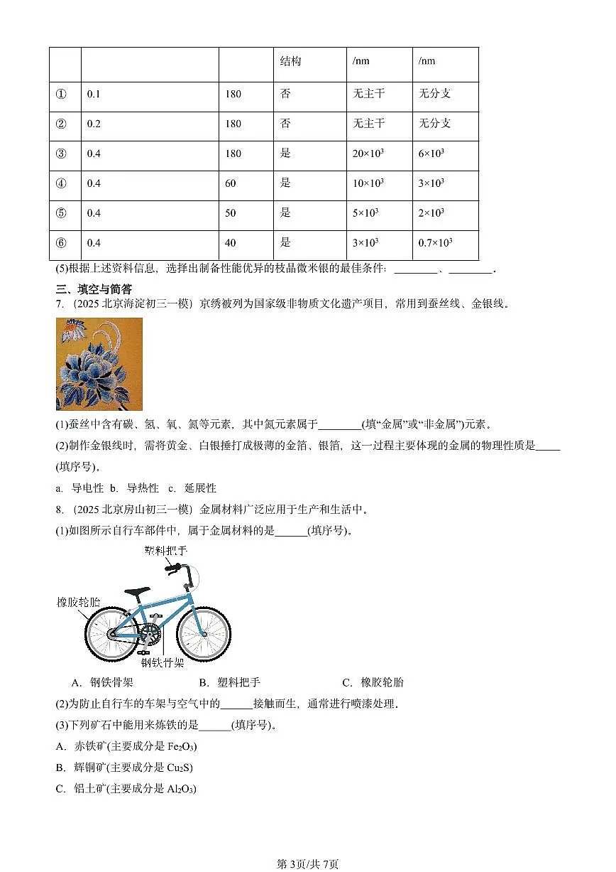 2025北京初三一模[中考模拟]化学汇编：金属和金属材料章节综合第3页