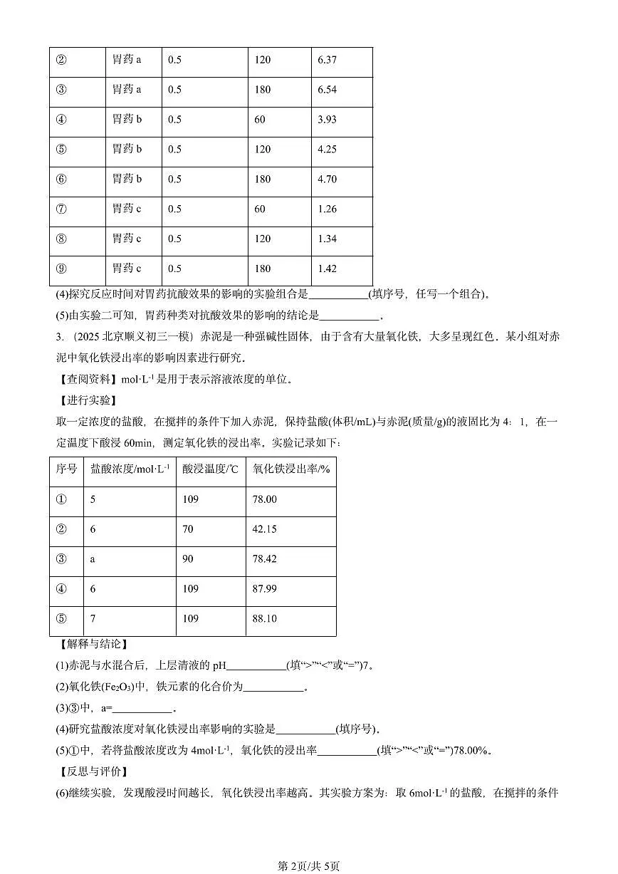 2025北京初三一模[中考模拟]化学汇编：实验活动7 溶液酸碱性的检验第2页