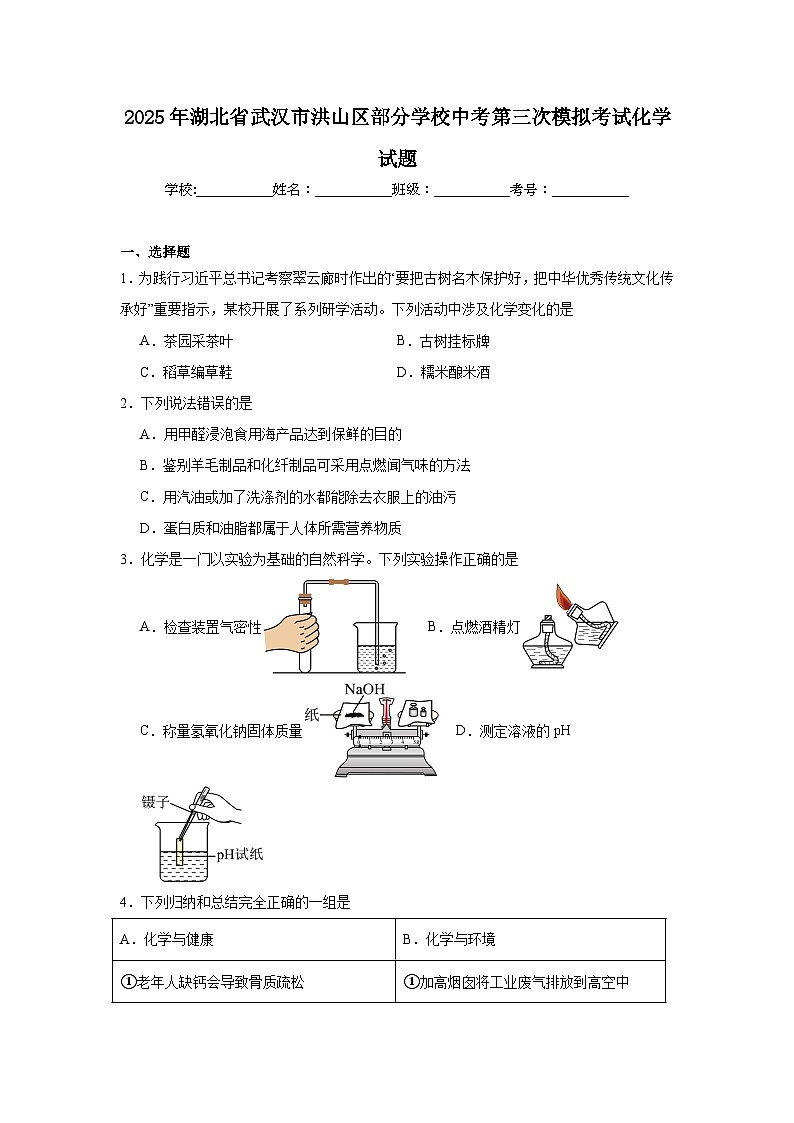 2025年湖北省武汉市洪山区部分学校中考第三次模拟考试化学试题（附答案解析）第1页