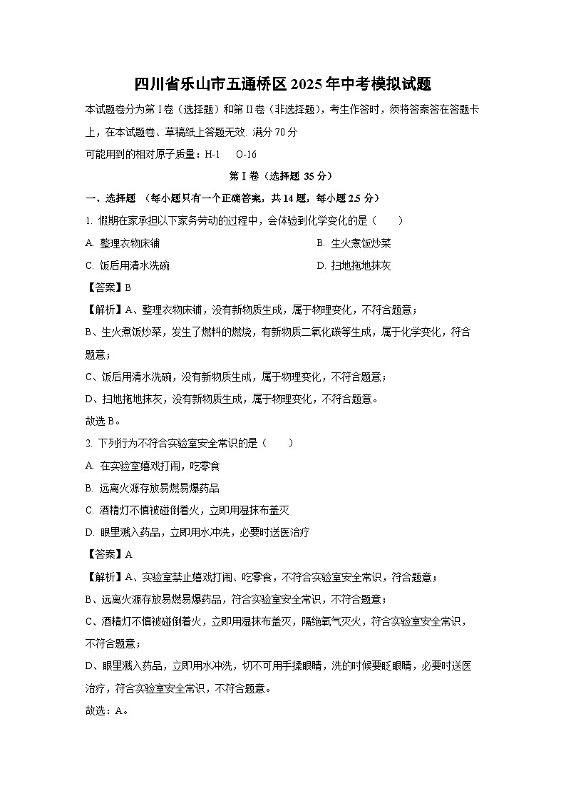 四川省乐山市五通桥区2025年中考模拟 (1)化学试卷（解析版）第1页