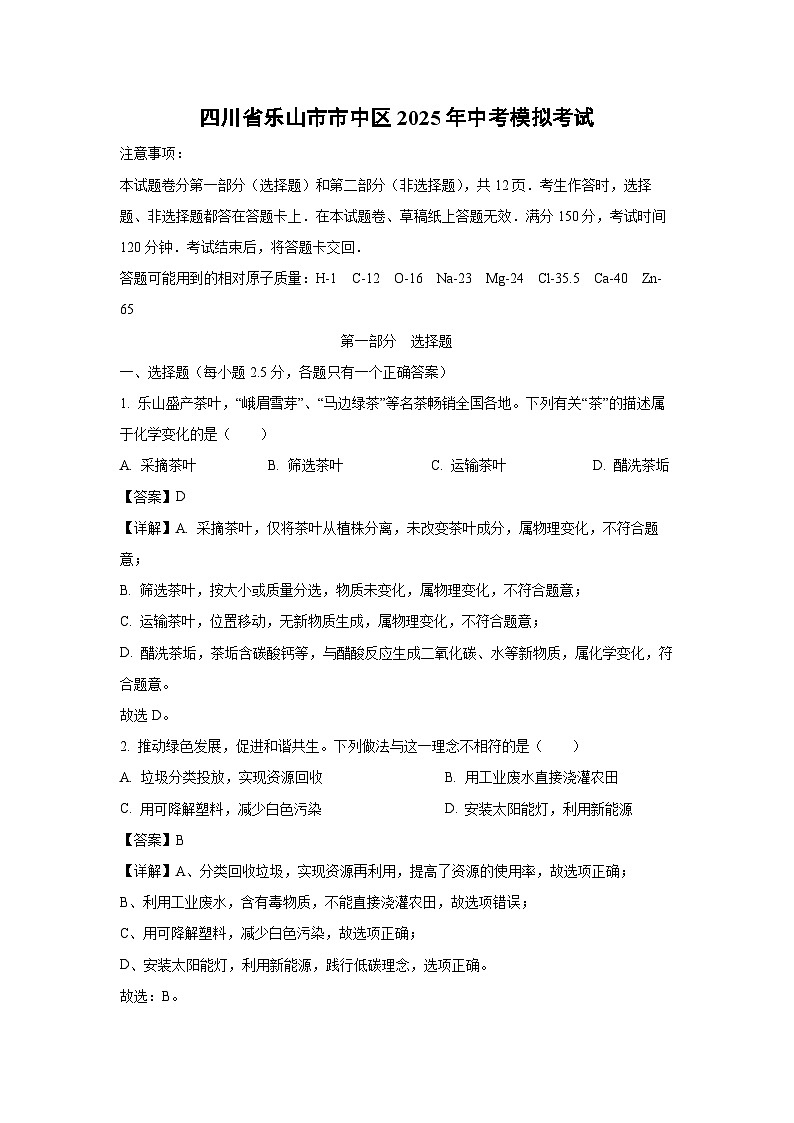 四川省乐山市市中区2025年中考模拟考试化学试卷（解析版）第1页