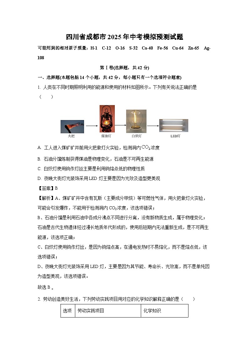【化学】四川省成都市2025年中考模拟预测试题（解析版）第1页
