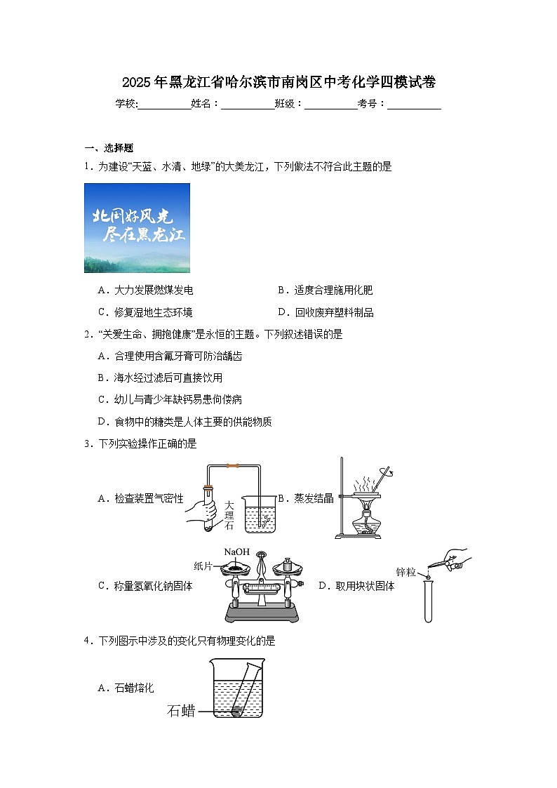 2025年黑龙江省哈尔滨市南岗区中考化学四模试卷（附答案解析）第1页