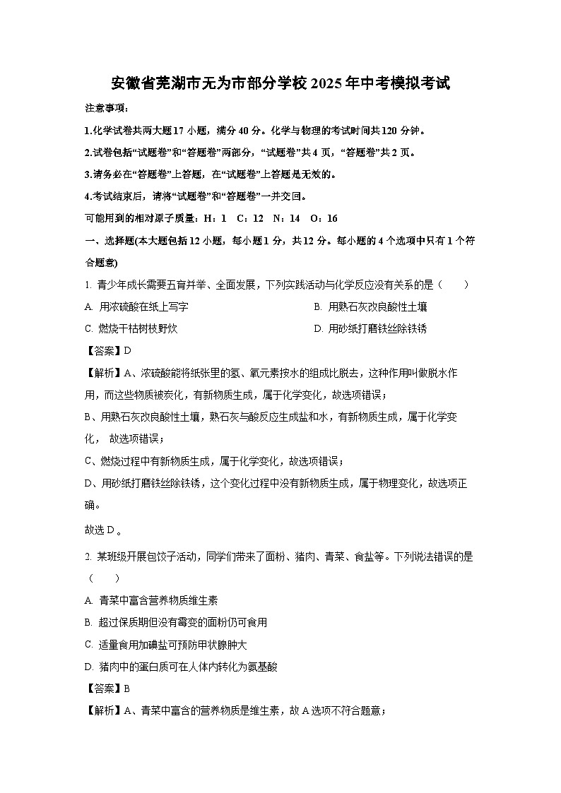 安徽省芜湖市无为市部分学校2025年中考模拟考试化学试卷（解析版）第1页