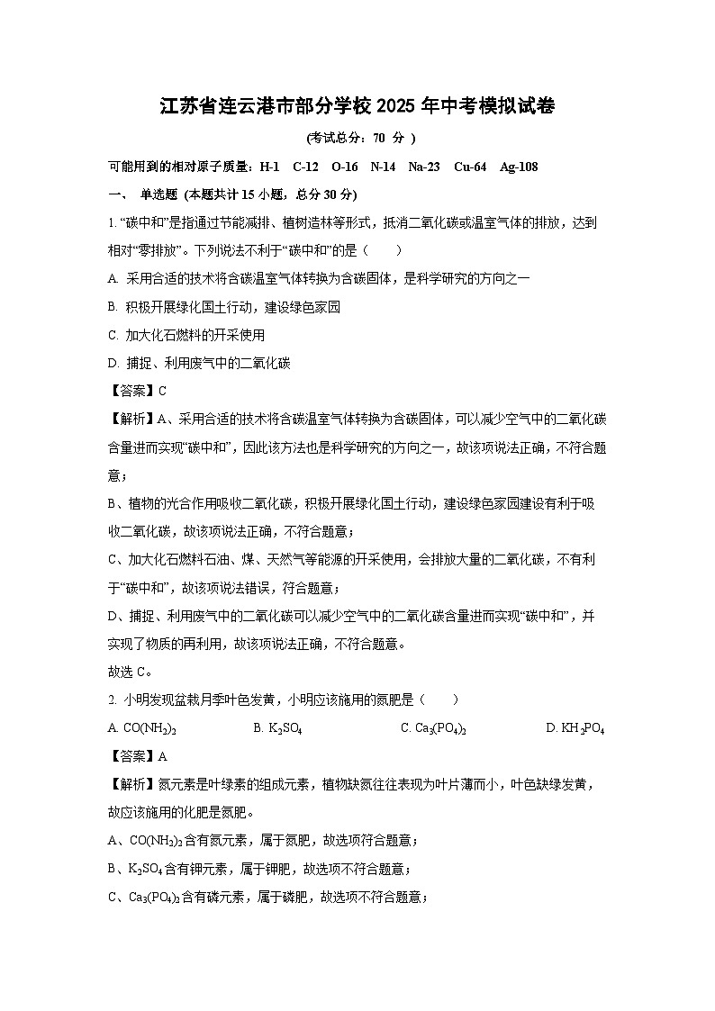 江苏省连云港市部分学校2025年中考模拟化学试卷（解析版）第1页