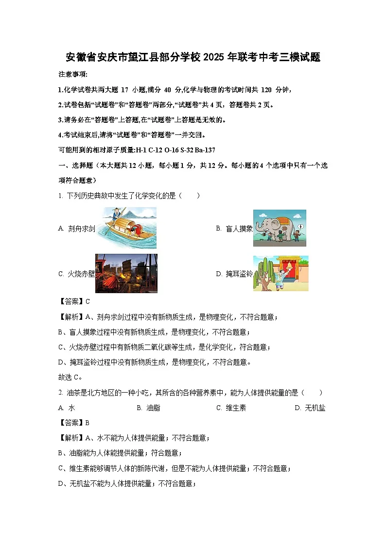 安徽省安庆市望江县部分学校2025年联考中考三模化学试卷（解析版）第1页