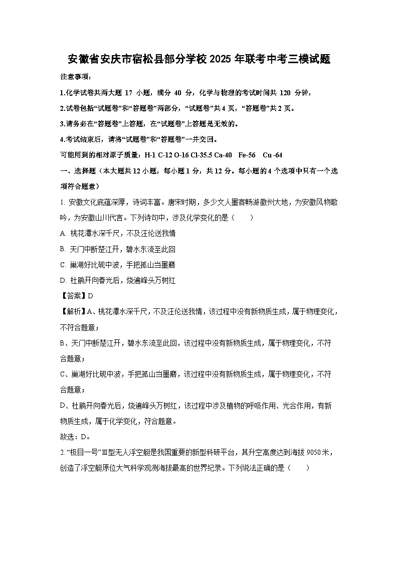 安徽省安庆市宿松县部分学校2025年联考中考三模化学试卷（解析版）第1页