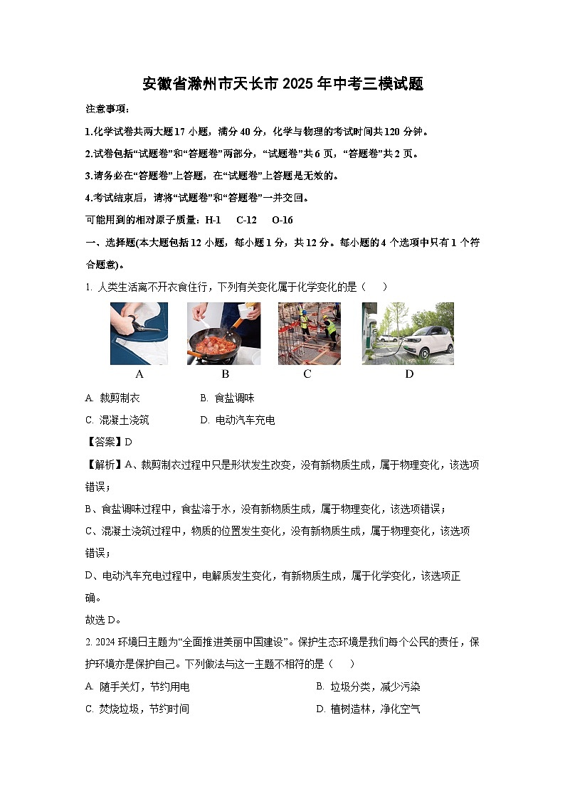 安徽省滁州市天长市2025年中考三模化学试卷（解析版）第1页